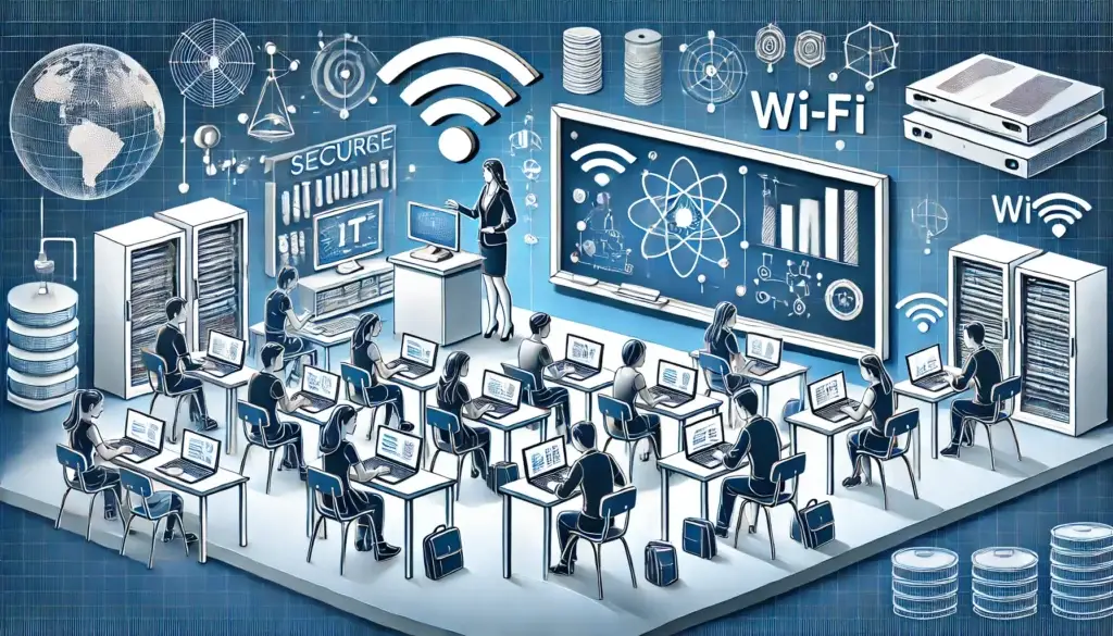 An illustration of a modern school environment with a focus on technology integration. The scene features a well-equipped computer lab with students working on laptops, a teacher using an interactive smartboard, and symbols representing secure IT infrastructure such as servers and Wi-Fi. The setting reflects a vibrant and professional educational atmosphere, emphasizing the role of advanced technology in enhancing learning experiences.